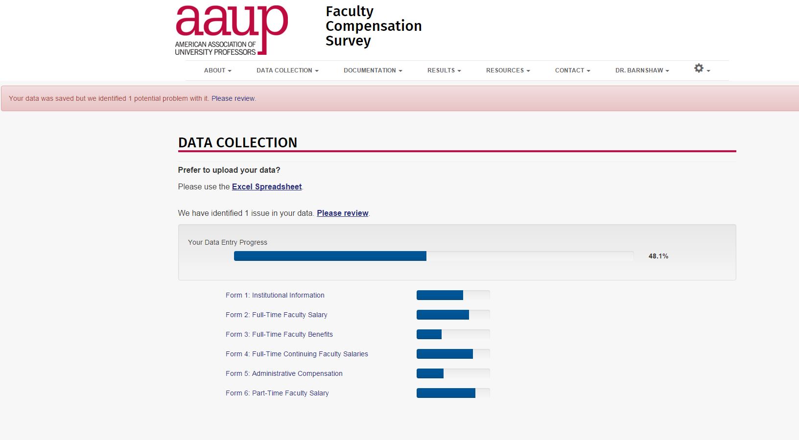 Data saved with one potential issue.